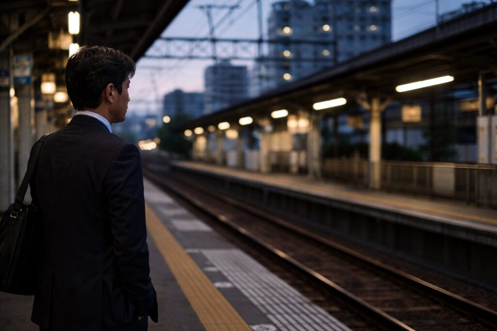 夕暮れの駅ホームで遠くを見つめる40代男性の後ろ姿