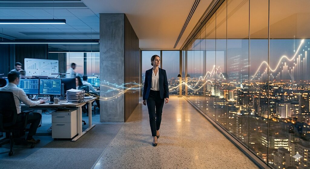 仕事中心の空間から開放的な空間へ進む人物のイメージ