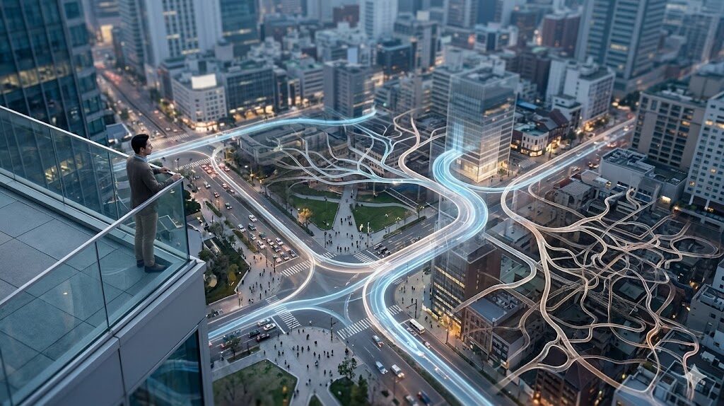 都市の表面とその下に広がる構造を俯瞰する人物のイメージ