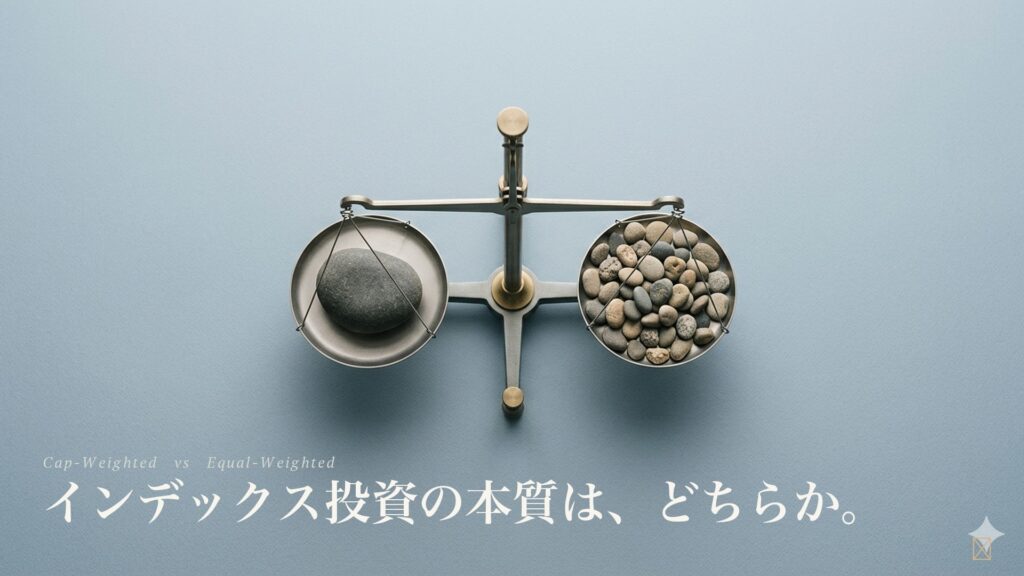 時価総額加重と均等加重のどちらがインデックス投資の本質かを問う天秤の俯瞰アイキャッチ