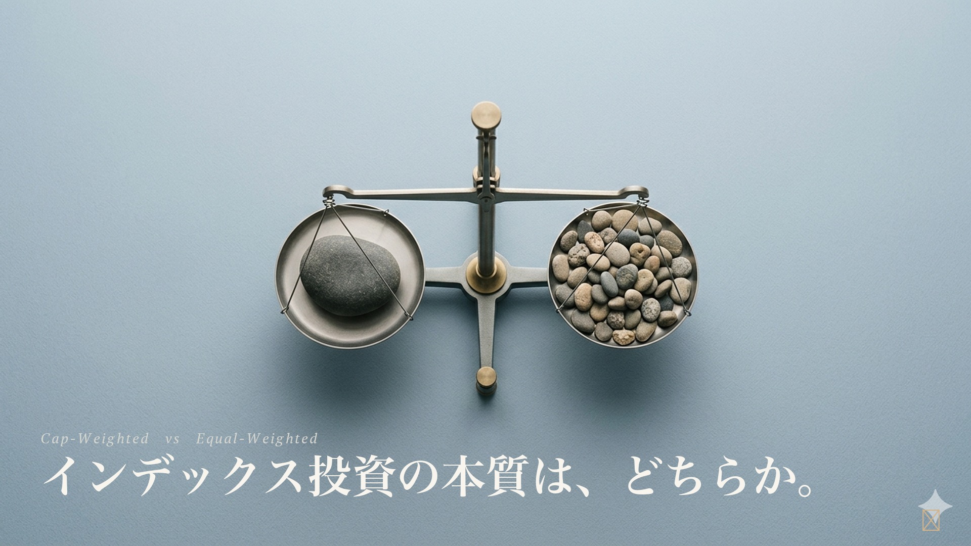 時価総額加重と均等加重のどちらがインデックス投資の本質かを問う天秤の俯瞰アイキャッチ
