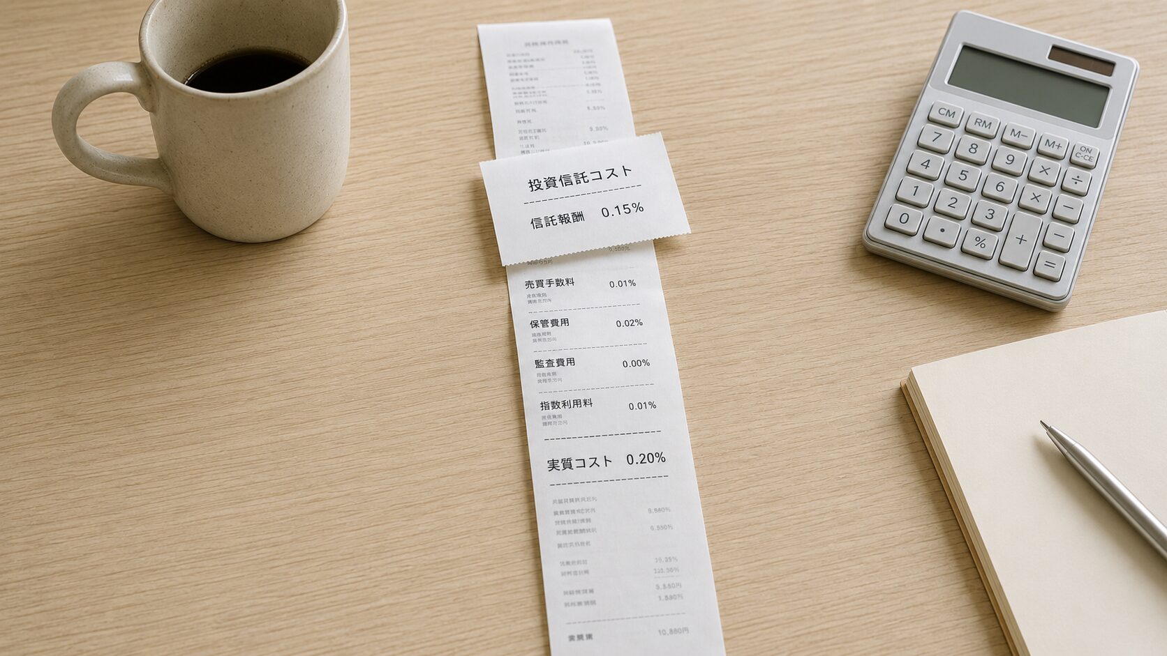 投資信託コストの内訳：信託報酬0.15%の下に売買手数料・保管費用・監査費用・指数利用料が隠れ、実質コスト0.20%になる様子をレシート2段で表現