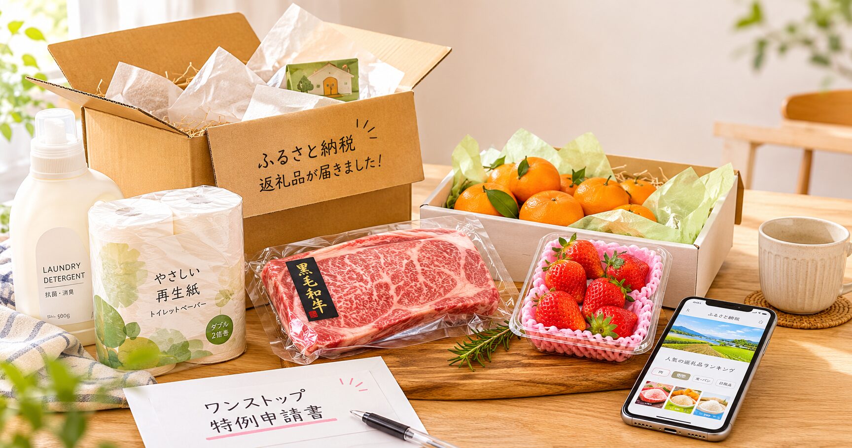 ふるさと納税の返礼品が届いた食卓の写真（日用品と贅沢食品）