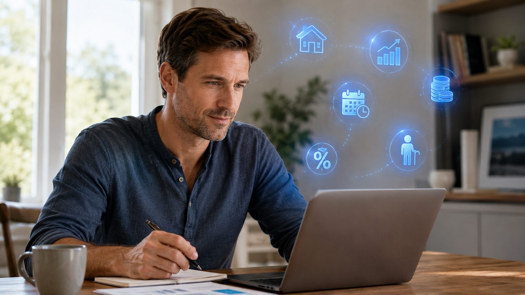 男性がノートPCで老後資金を計算している様子。周囲に金融アイコンが浮かぶ