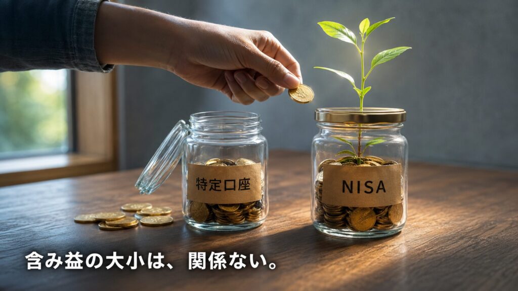 特定口座とNISAのガラス瓶｜含み益の大小は移管の損得に関係ないことを示すアイキャッチ
