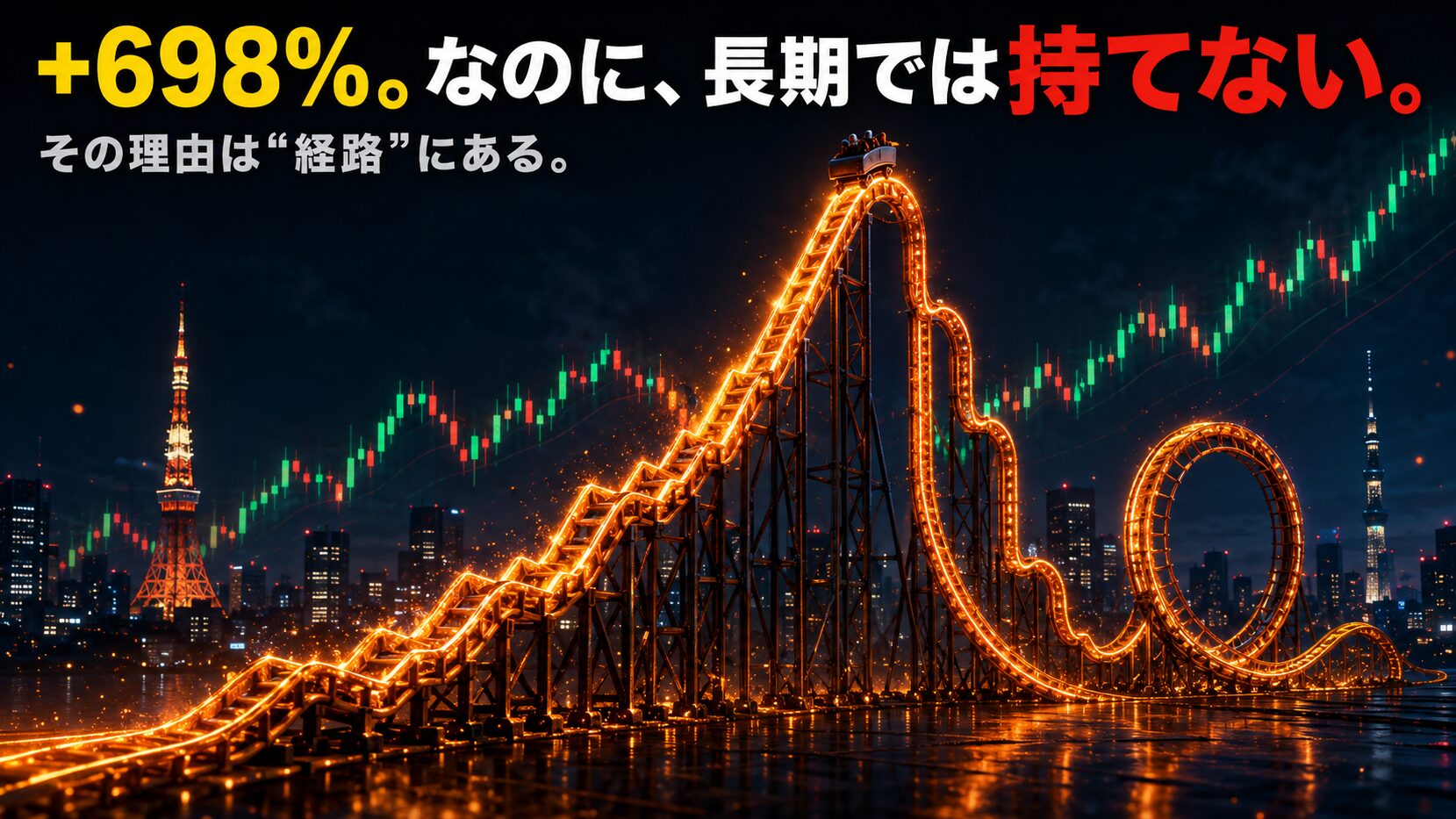 急騰する株価チャートがジェットコースターのレールになり急降下する、日本株4.3倍ブルの経路リスクを表すアイキャッチ