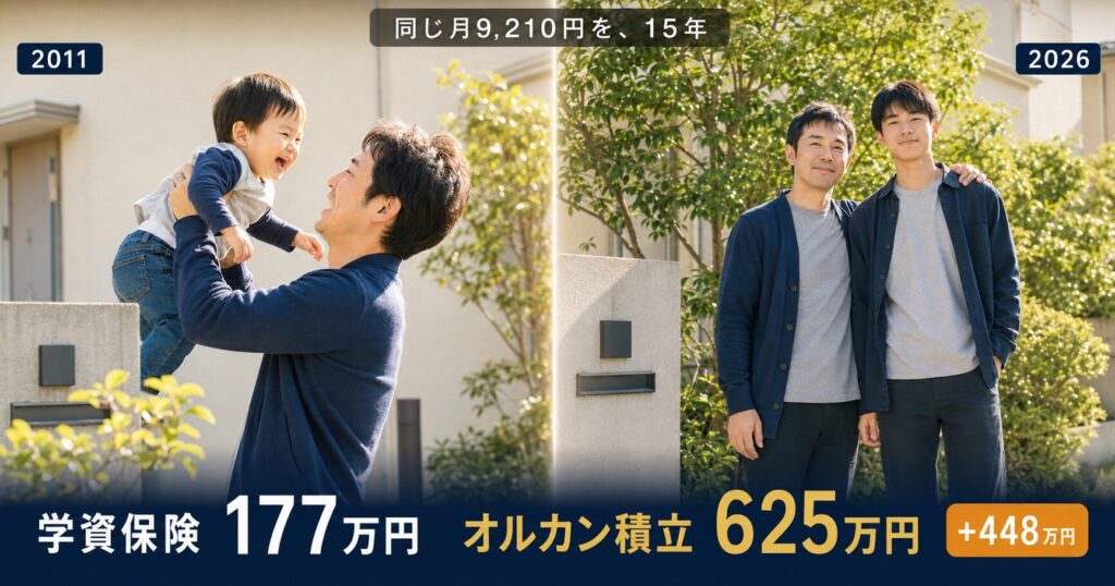 2011年に幼児を抱く父と2026年に18歳の息子と並ぶ同じ父。学資保険177万円とオルカン積立625万円、差448万円の比較