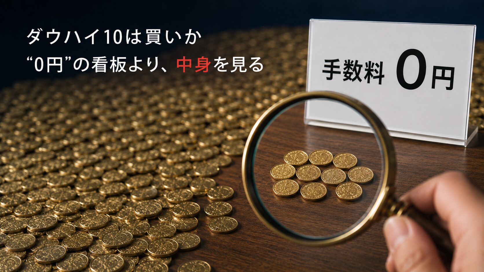 ダウハイ10のアイキャッチ。「手数料0円」の看板を虫めがねで覗くと中身はわずか10枚のコイン、背景には市場全体を表す無数のコイン