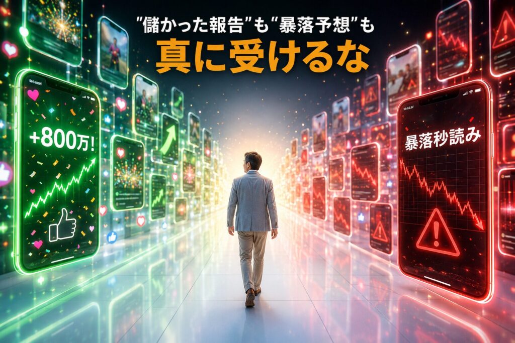 緑の歓喜投稿と赤の暴落警告に挟まれた回廊を、揺さぶられず中央を歩く投資家