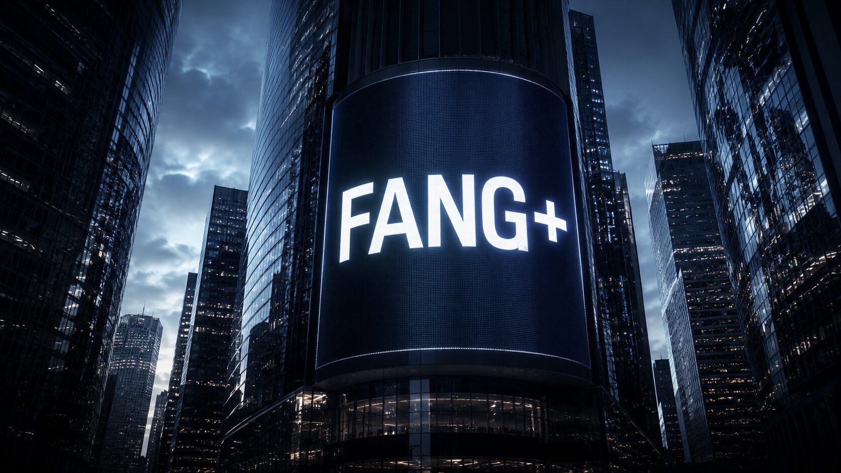 FANG+のロゴが夜のビル群のLEDサイネージに大きく光る、モダンでシネマティックなアイキャッチ画像