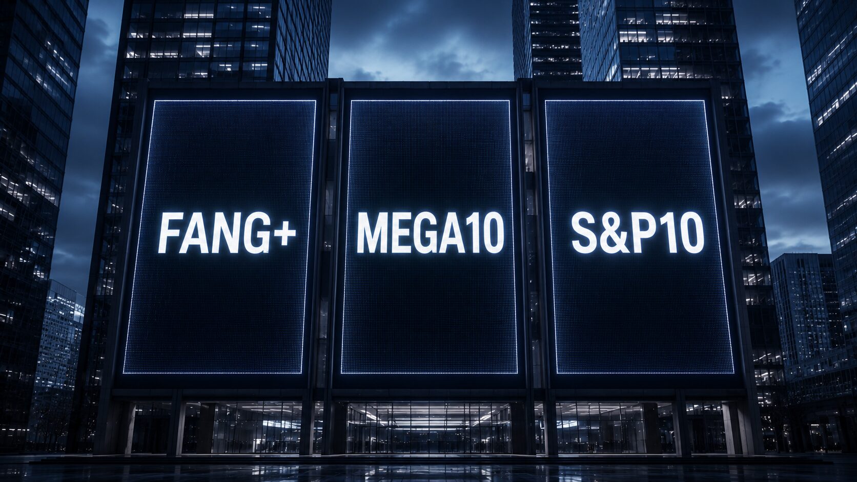 FANG＋・メガ10・S&P10の3つの名前が夜のビルの3連LEDサイネージに並んで光る比較記事のアイキャッチ画像