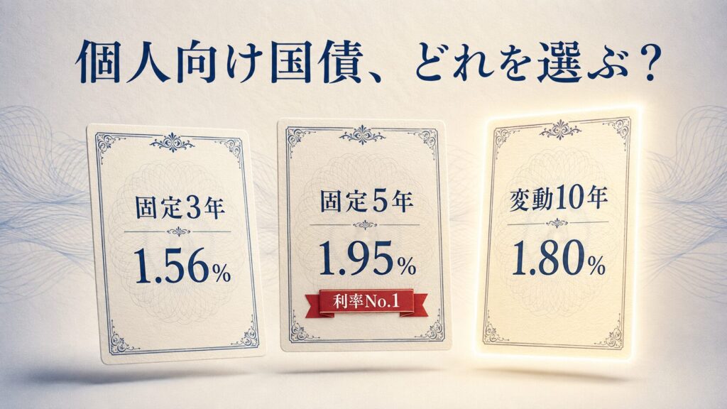 個人向け国債、どれを選ぶ？ 固定3年1.56%・固定5年1.95%・変動10年1.80%の3枚の証書比較