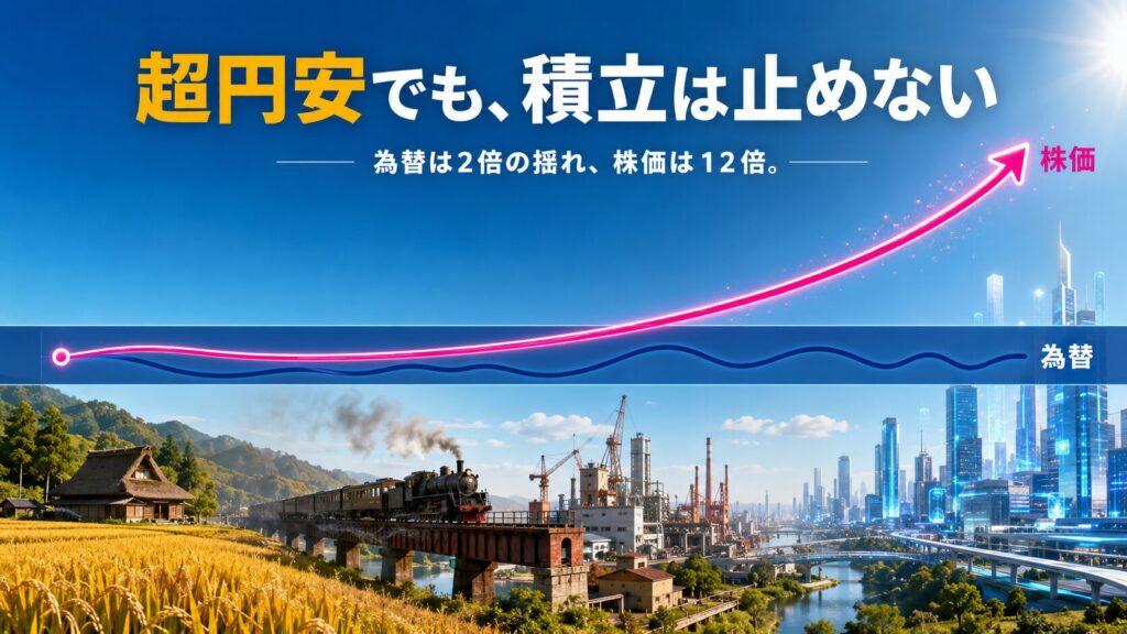 時代が移り変わる風景の上で、為替の帯を突き抜けて上昇する株価の線