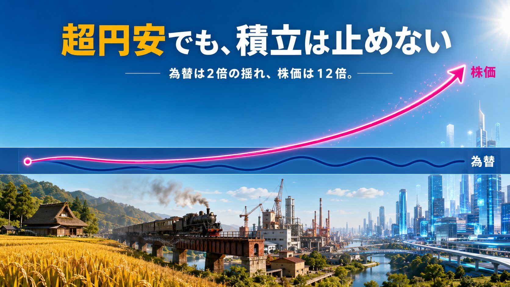 時代が移り変わる風景の上で、為替の帯を突き抜けて上昇する株価の線