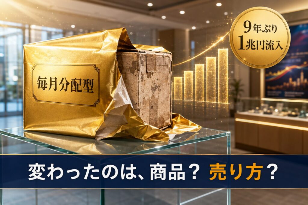 金の包装紙が剥がれて古い箱が現れる毎月分配型投資信託のイメージ。変わったのは、商品？売り方？