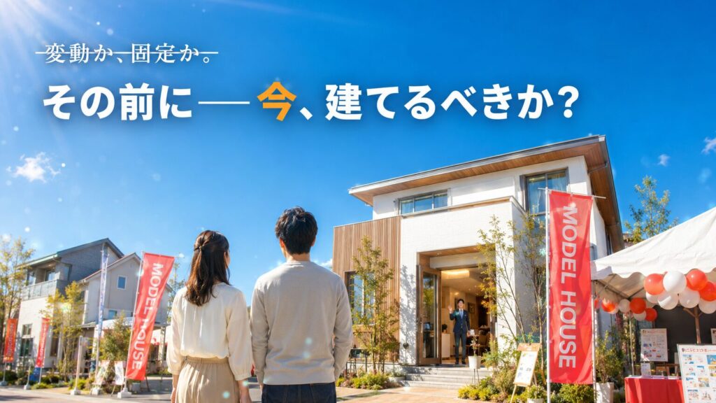 住宅展示場のモデルハウスの前で立ち止まる夫婦——その前に、今建てるべきか？