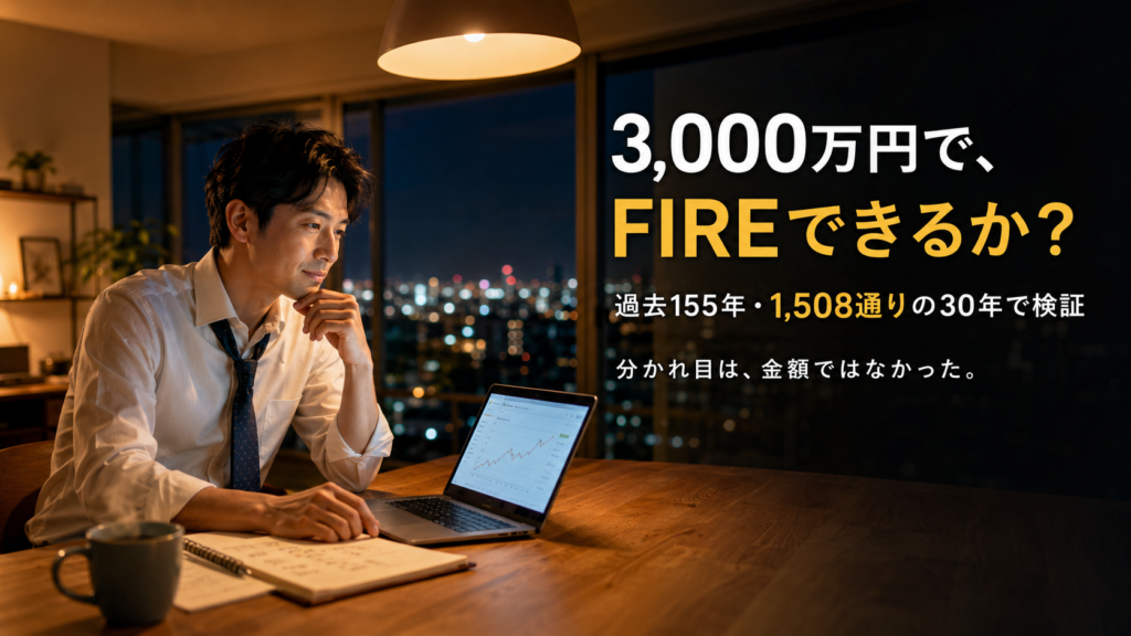 3,000万円で、FIREできるか？ 過去155年・1,508通りの30年で検証。分かれ目は、金額ではなかった。——夜のダイニングで資産管理アプリを見つめる男性