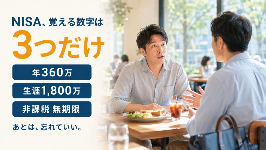 昼のカフェで先輩にNISAの相談をする会社員。画面左に「NISA、覚える数字は3つだけ」「年360万」「生涯1,800万」「非課税 無期限」