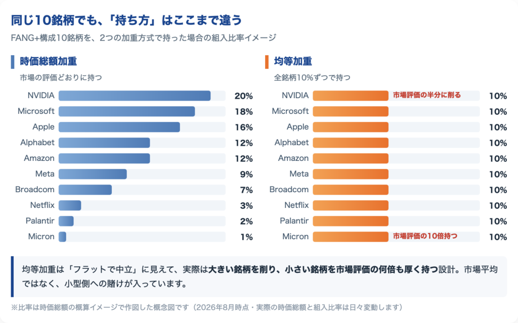 FANG+構成10銘柄を時価総額加重と均等加重で持った場合の組入比率の対比図（概念図）