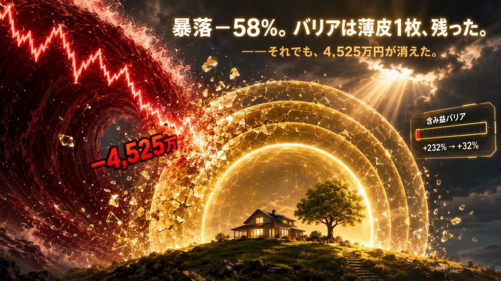 黄金の含み益バリアに深紅の暴落の波が襲いかかり、外層は砕けながらも最後の一枚が残る様子。ゲージは含み益+232%から+32%へ、ダメージ表示は−4,525万円