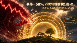 黄金の含み益バリアに深紅の暴落の波が襲いかかり、外層は砕けながらも最後の一枚が残る様子。ゲージは含み益+232%から+32%へ、ダメージ表示は−4,525万円