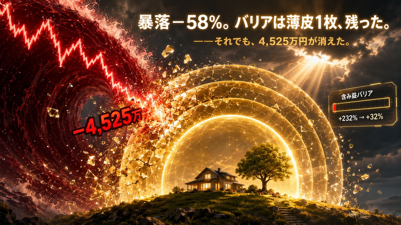 黄金の含み益バリアに深紅の暴落の波が襲いかかり、外層は砕けながらも最後の一枚が残る様子。ゲージは含み益+232%から+32%へ、ダメージ表示は−4,525万円