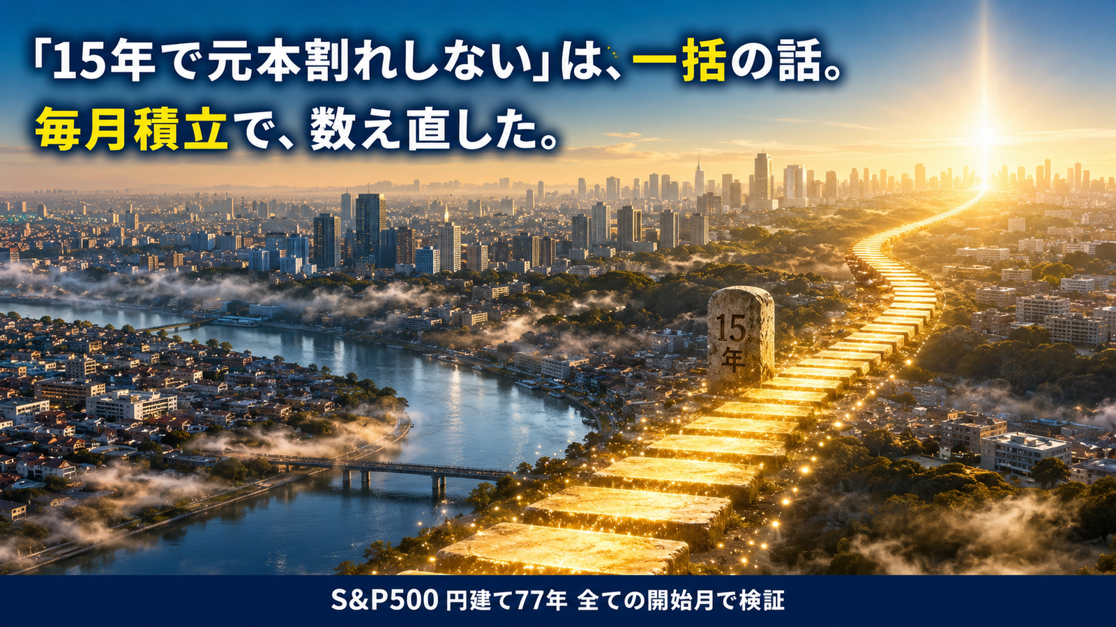 毎月積立だと何年で元本割れしなくなるのか アイキャッチ：毎月の買付が積み上がる光の道が15年の石標を過ぎて続いていく