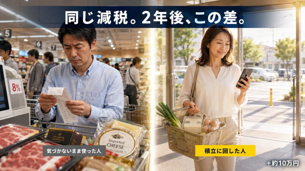 減税分を使ってしまう人と積立に回す人の対比