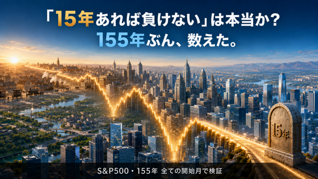 S&P500の155年を1本の光る道で表したアイキャッチ。「15年あれば負けない」は本当か？