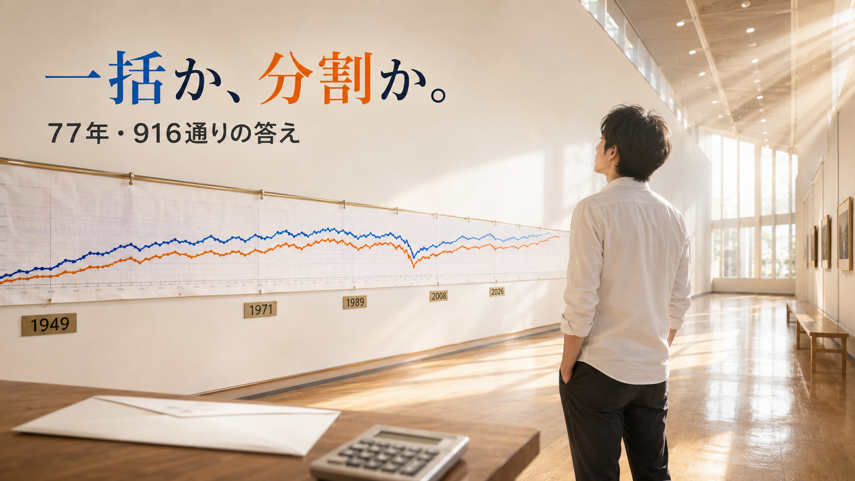 一括投資と分割投資、過去77年で勝ったのはどっちか。明るいギャラリーで77年分のチャートを見上げる男性