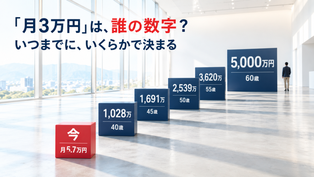 「月3万円」は、誰の数字？いつまでに、いくらかで決まる。60歳5,000万円から今の月5.7万円まで逆算の通過点を立体数字で並べた展示空間