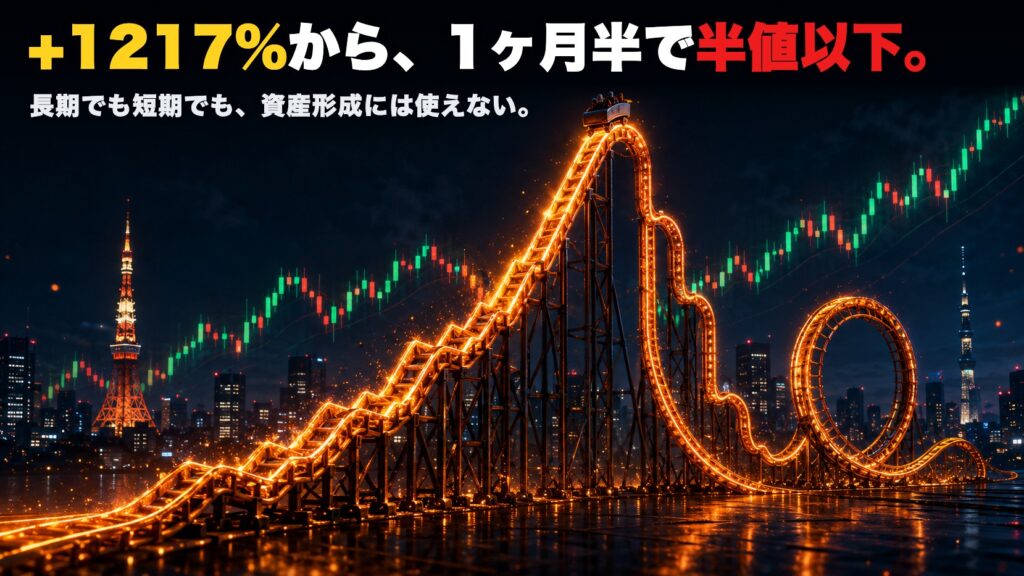日本株4.3倍ブルの値動きを表すジェットコースターと東京の夜景。+1217%から1ヶ月半で半値以下