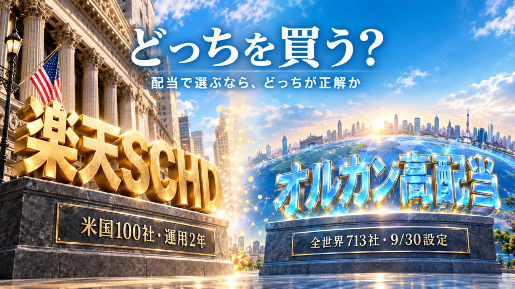 オルカン高配当と楽天SCHD、どっちを買う？ 左に米国の金融街と金の立体文字「楽天SCHD」（米国100社・運用2年）、右に地球と世界の街並みにクリスタルの立体文字「オルカン高配当」（全世界713社・9/30設定）