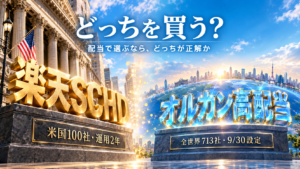 オルカン高配当と楽天SCHD、どっちを買う？ 左に米国の金融街と金の立体文字「楽天SCHD」（米国100社・運用2年）、右に地球と世界の街並みにクリスタルの立体文字「オルカン高配当」（全世界713社・9/30設定）