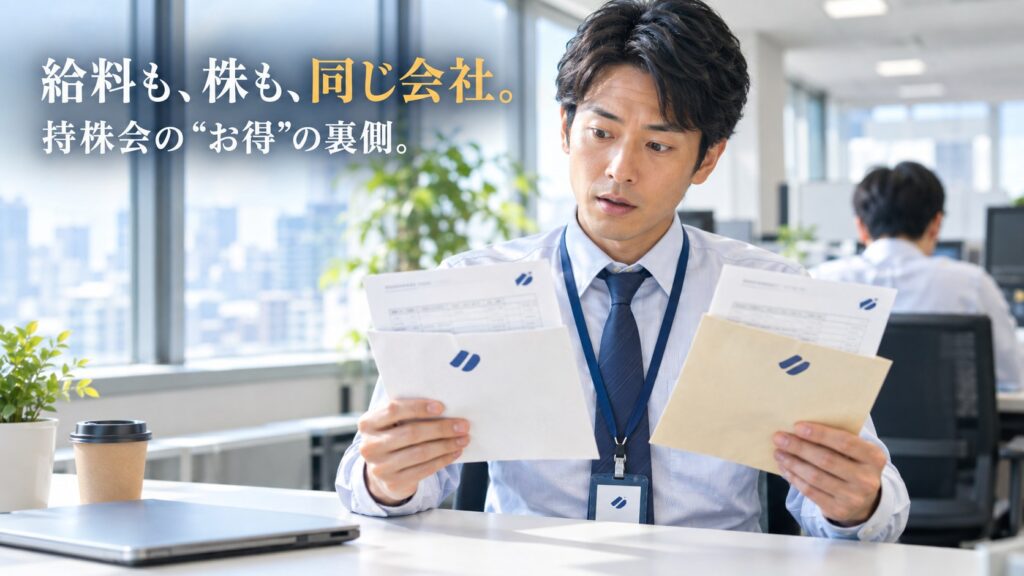給料も、株も、同じ会社。持株会の"お得"の裏側｜給与明細と持株会の通知を見比べる会社員