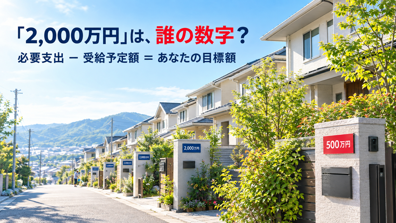 「2,000万円」は、誰の数字？必要支出−受給予定額＝あなたの目標額。同じ2,000万円の表札が並ぶ住宅街で、手前の一軒だけ赤い500万円の表札