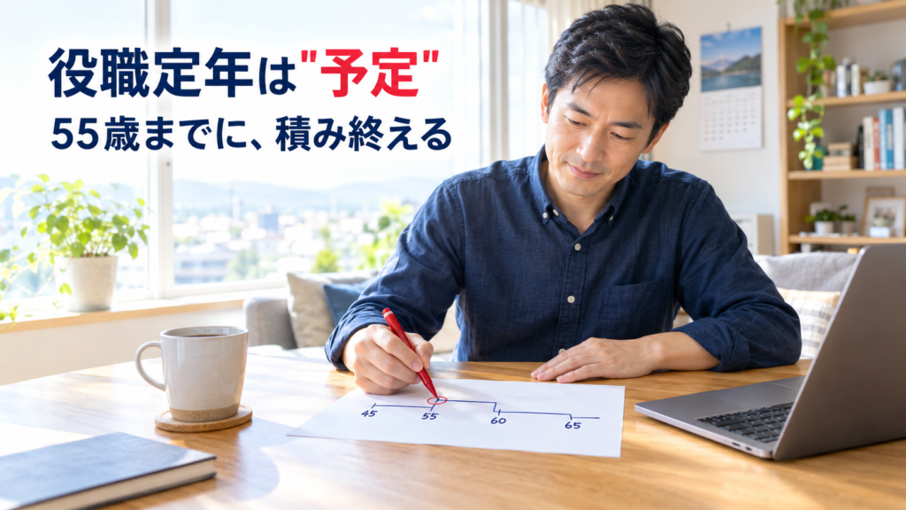役職定年は予定。55歳までに積み終える。リビングで年表の55歳に赤丸をつける会社員
