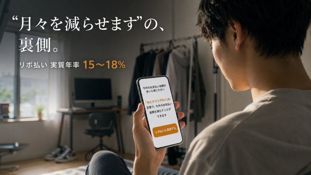 スマホに届いた「あとからリボ払いに変更で今月のお支払い金額を減らすことができます」という案内を、部屋で肩越しに見る20代男性。コピーは「月々を減らせますの、裏側。リボ払い 実質年率15〜18%」