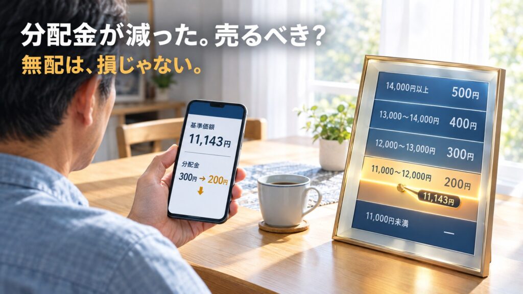 分配金が減った。売るべき？　無配は、損じゃない。｜スマホの分配金通知（基準価額11,143円・300円→200円）と、目論見書の分配ルールの目盛り