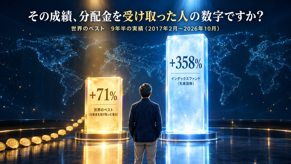 光るステージに2本の柱。金色の柱に「+71%　世界のベスト（分配金を受け取った場合）」、青白い高い柱に「+358%　インデックスファンド（先進国株）」。足元から150円のコインが流れ出る。「その成績、分配金を受け取った人の数字ですか？」