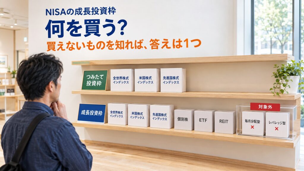 NISAの成長投資枠は何を買うべきか。つみたて投資枠と同じインデックスファンドの箱が成長投資枠の棚にも並び、毎月分配型とレバレッジ型は対象外のケースに入っている展示棚を見る40代の男性