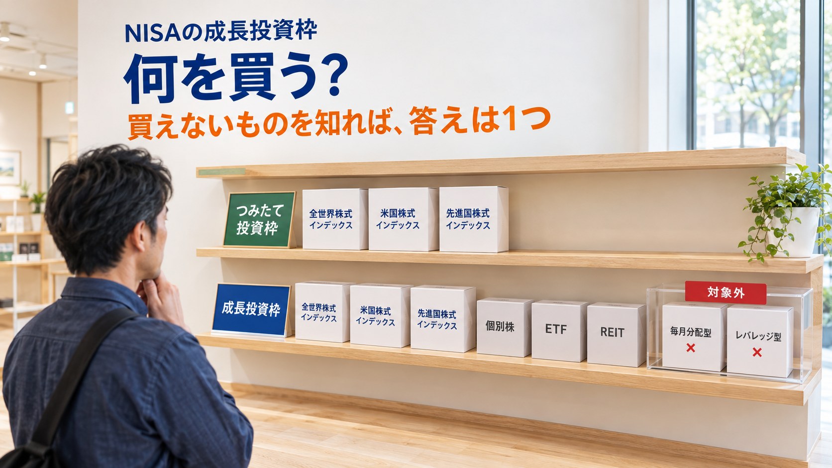 NISAの成長投資枠は何を買うべきか。つみたて投資枠と同じインデックスファンドの箱が成長投資枠の棚にも並び、毎月分配型とレバレッジ型は対象外のケースに入っている展示棚を見る40代の男性