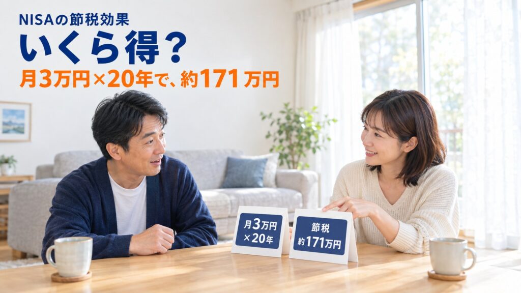 NISAの節税効果はいくら得か。明るいリビングで家計を相談する40代の夫婦と、テーブルの上の「月3万円×20年」「節税 約171万円」のカード