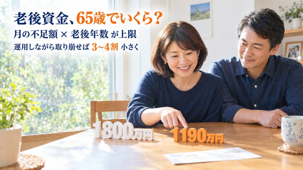 老後資金、65歳でいくら？月の不足額×老後年数が上限。1800万円と1190万円の立体数字を前に微笑む夫婦