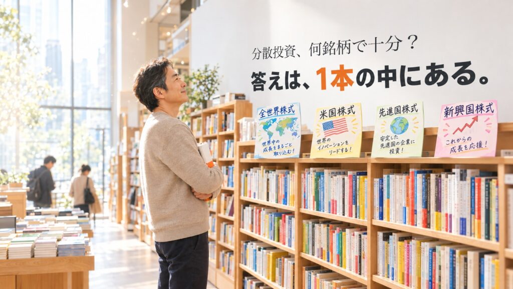 明るい書店の投資本コーナーで1冊を抱える男性と「分散投資、何銘柄で十分？ 答えは、1本の中にある。」の文字