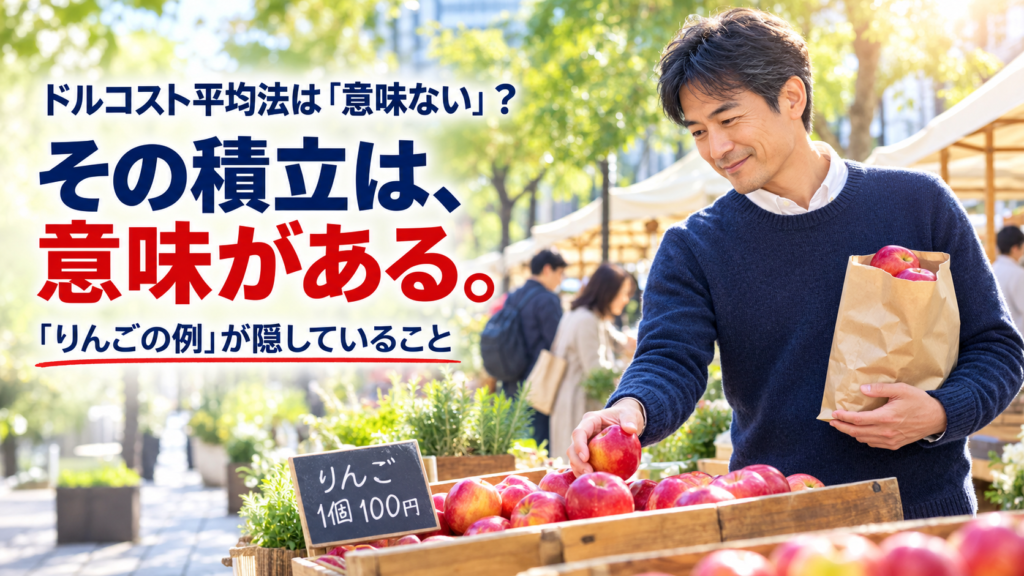 朝のマルシェでりんごを選ぶ男性と「その積立は、意味がある。」のコピー