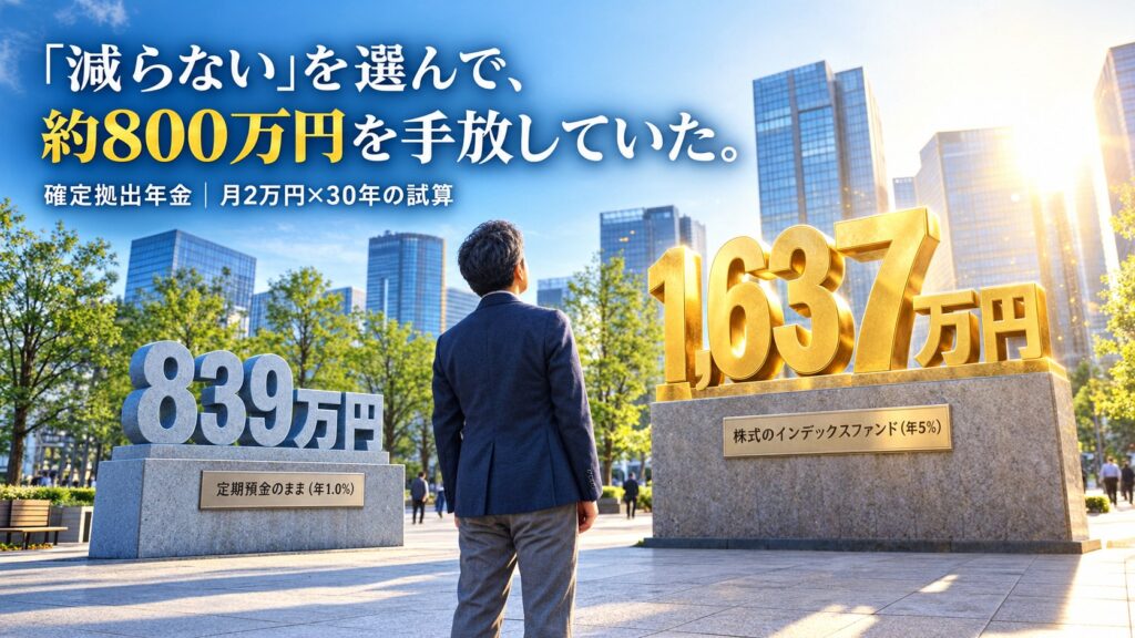 朝のオフィス街で、定期預金のままの839万円と株式インデックスファンドの1,637万円の立体数字を見上げる会社員。確定拠出年金・月2万円×30年の試算