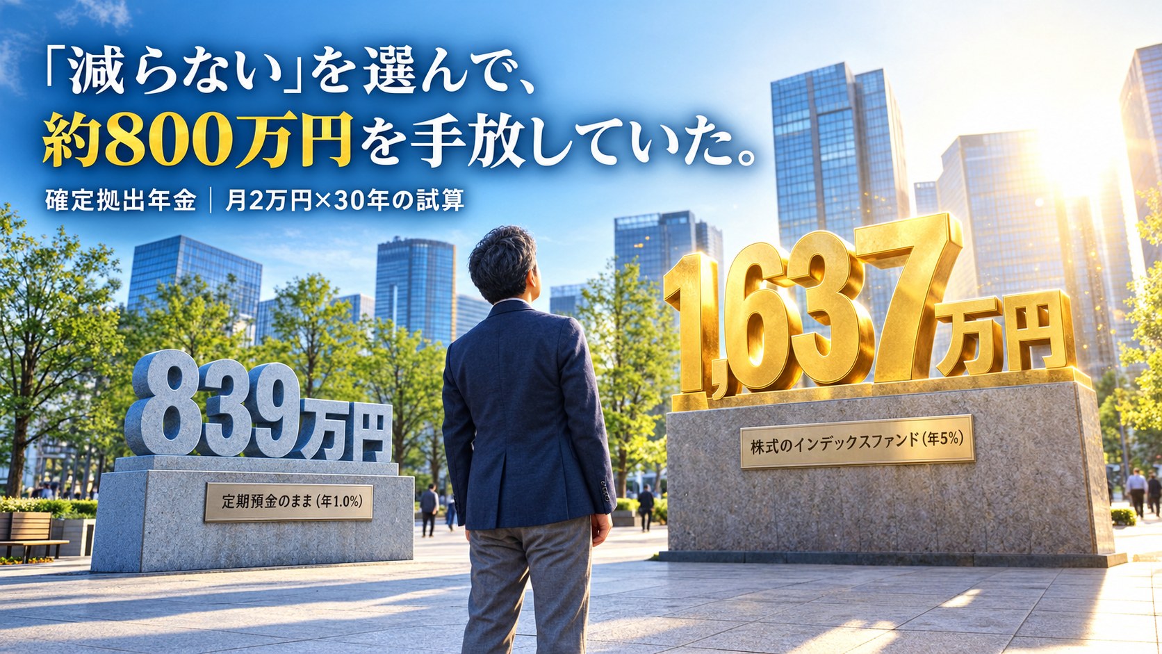 朝のオフィス街で、定期預金のままの839万円と株式インデックスファンドの1,637万円の立体数字を見上げる会社員。確定拠出年金・月2万円×30年の試算