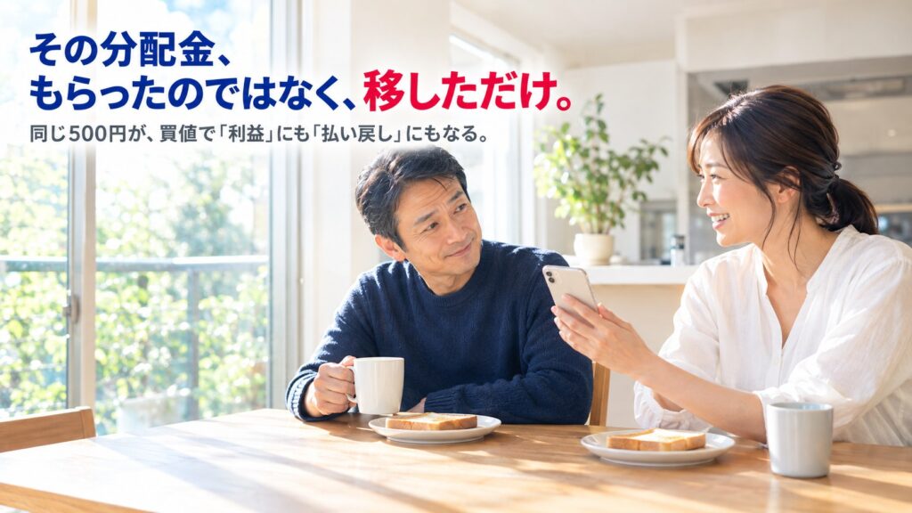 朝のダイニングで、分配金が入ったとスマホを見せる妻と、首をかしげる夫。コピー「その分配金、もらったのではなく、移しただけ。」