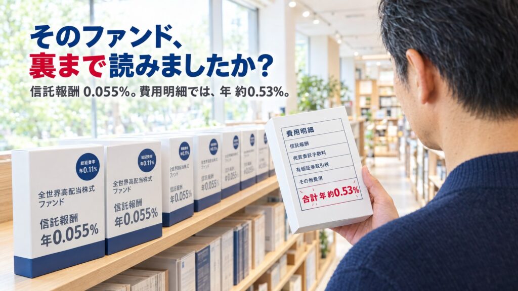 店の棚の前で、ファンドの箱を裏返して費用明細を読む男性。箱の表は信託報酬 年0.055%、裏の合計は年 約0.53%